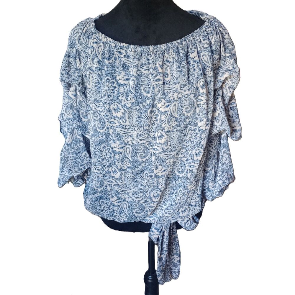 CeCe Women's L Blue & White Paisley Off Shoulder Layered Ruffle Sleeve Blouse